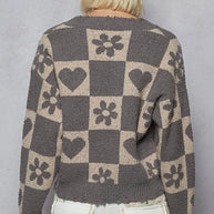 POL V-Neck Heart Pattern Checkered Sweater-Sweaters-Trendsi-[option4]-[option5]-[option6]-[option7]-[option8]-Shop-Boutique-Clothing-for-Women-Online