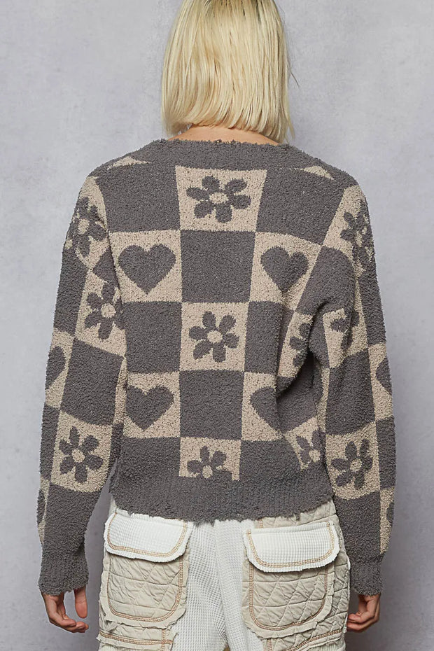 POL V-Neck Heart Pattern Checkered Sweater-Sweaters-Trendsi-[option4]-[option5]-[option6]-[option7]-[option8]-Shop-Boutique-Clothing-for-Women-Online