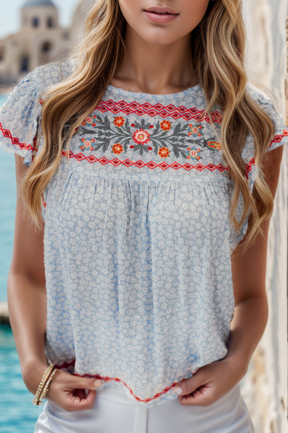 Embroidered Round Neck Cap Sleeve Blouse-Trendsi-Misty Blue-S-[option4]-[option5]-[option6]-[option7]-[option8]-Shop-Boutique-Clothing-for-Women-Online