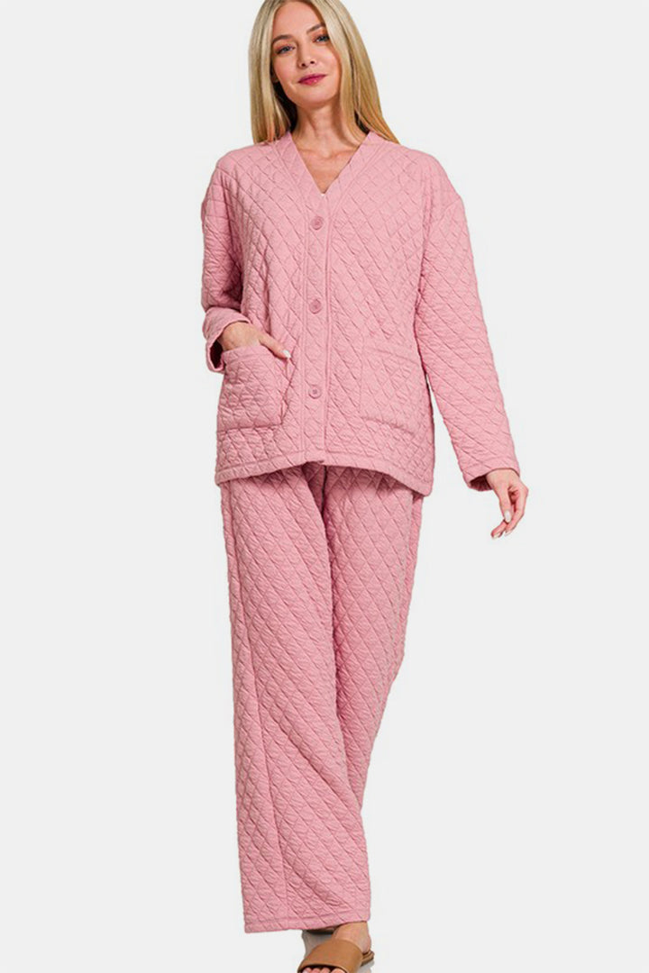 Zenana Quilted Button Up Long Sleeve Top and Pants Lounge Set-Trendsi-Dusty Pink-S-[option4]-[option5]-[option6]-[option7]-[option8]-Shop-Boutique-Clothing-for-Women-Online