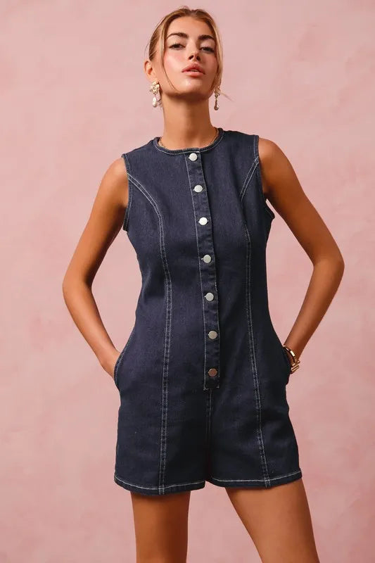 SO ME Button Up Front Washed Denim Sleeveless Romper-Rompers-Trendsi-[option4]-[option5]-[option6]-[option7]-[option8]-Shop-Boutique-Clothing-for-Women-Online