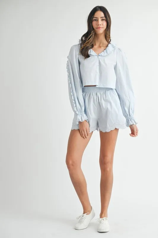 MABLE Long Sleeve Scallop Blouse and Shorts Set-Two Piece Shorts Sets-Trendsi-[option4]-[option5]-[option6]-[option7]-[option8]-Shop-Boutique-Clothing-for-Women-Online