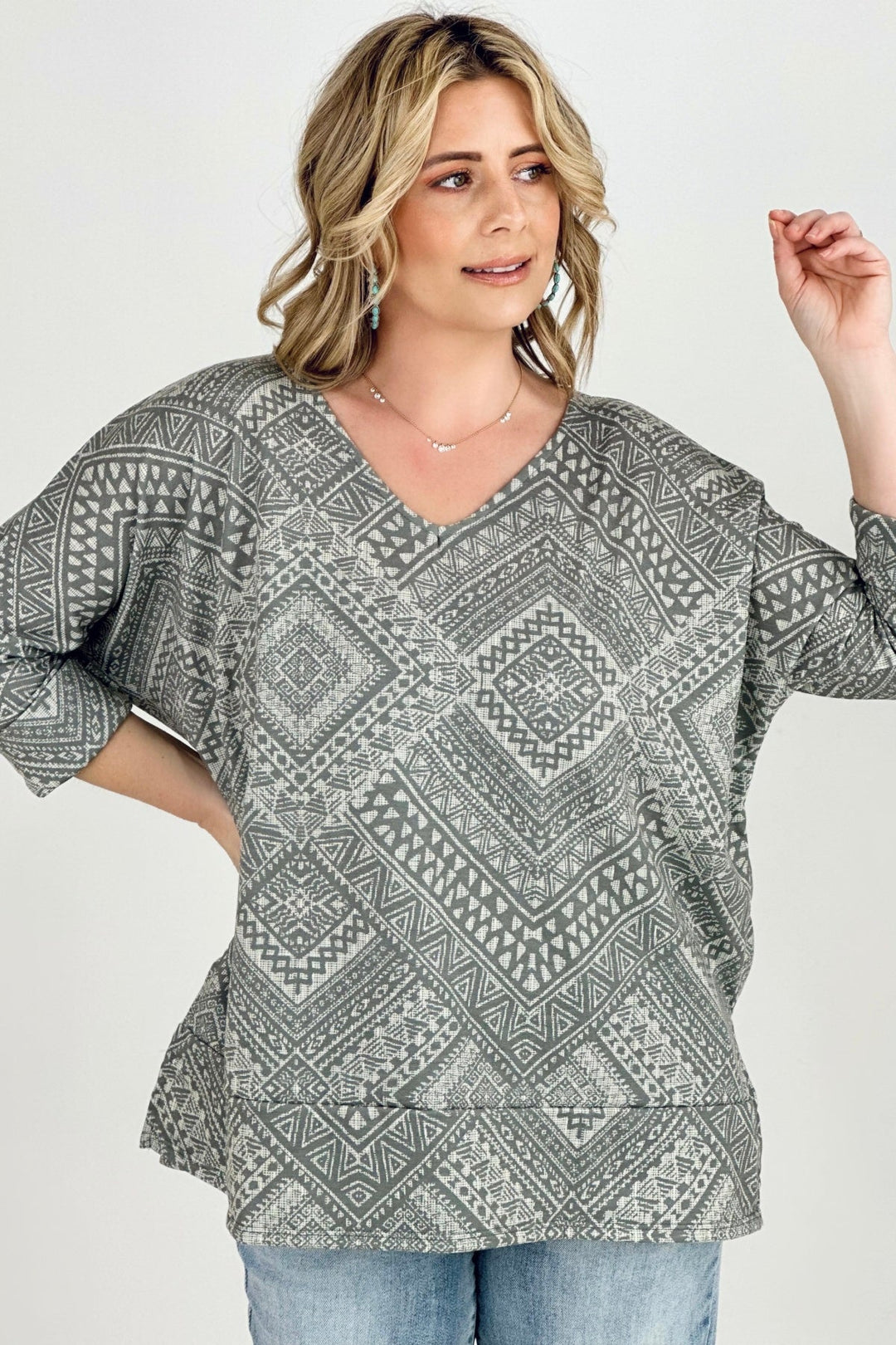 BiBi Aztec Print French Terry V Neck Top-Blouses-Kiwidrop-Sage-S-[option4]-[option5]-[option6]-[option7]-[option8]-Shop-Boutique-Clothing-for-Women-Online