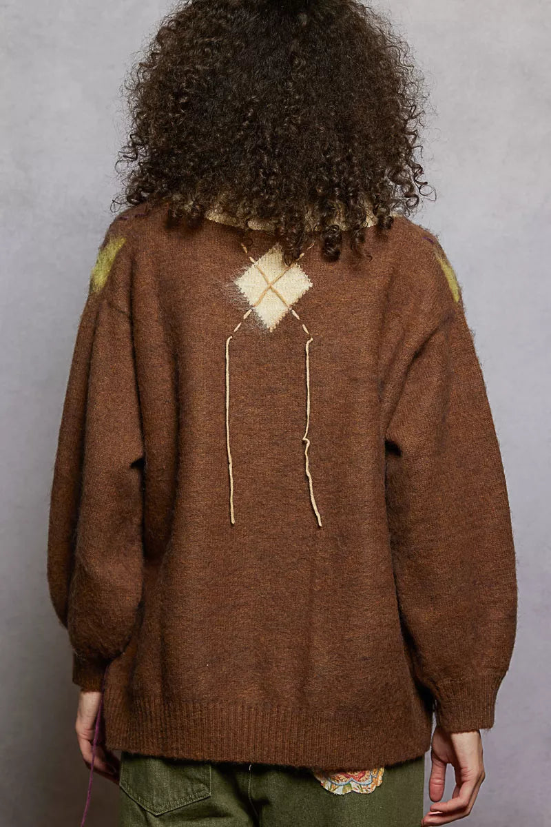 POL V-Neck Argyle Pattern Mohair Sweater with Contrast Exposed Stitch Detail-sweater-Trendsi-[option4]-[option5]-[option6]-[option7]-[option8]-Shop-Boutique-Clothing-for-Women-Online