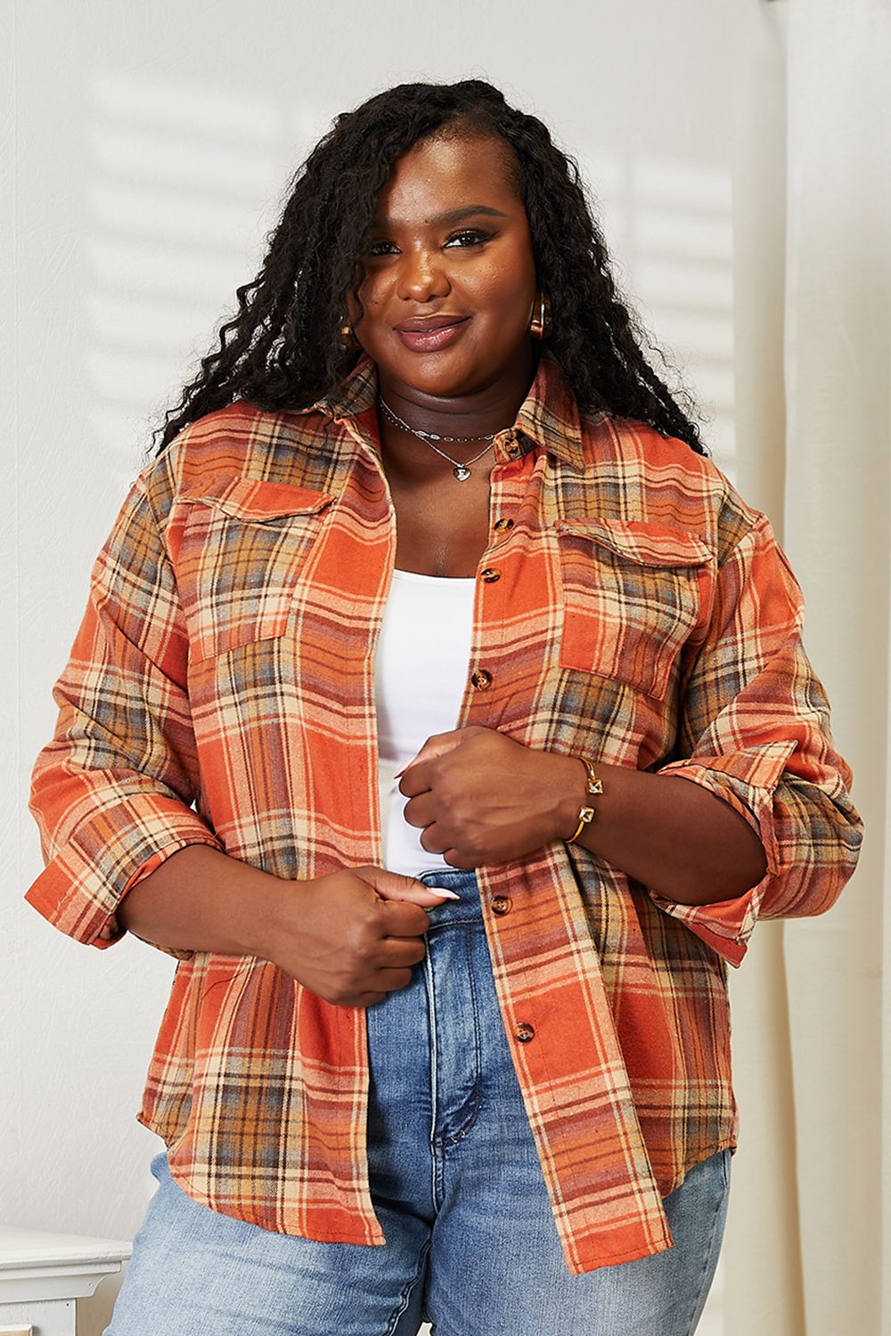 Double Take Plaid Dropped Shoulder Shirt-Trendsi-Ochre-XL-[option4]-[option5]-[option6]-[option7]-[option8]-Shop-Boutique-Clothing-for-Women-Online