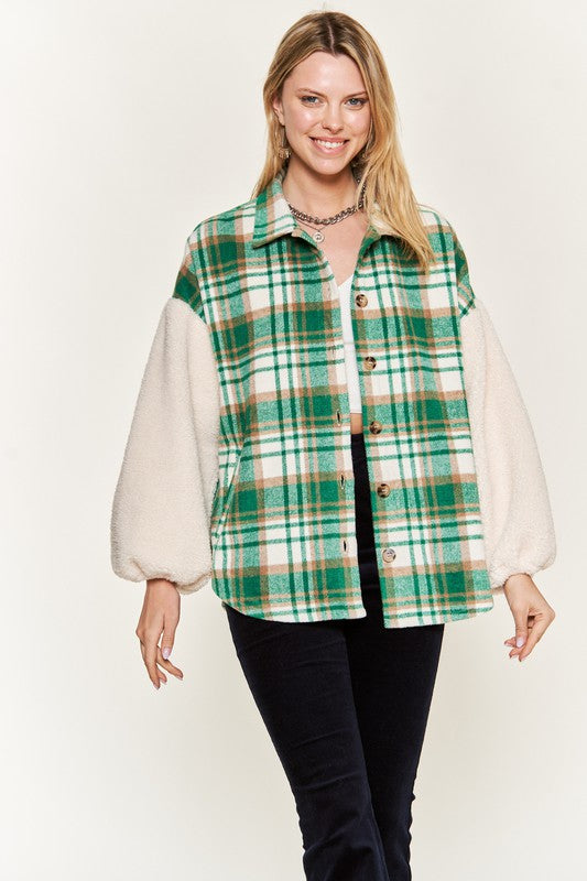 Multi plaid fuzzy sleeve jacket PLUS SIZE-Jade By Jane-[option4]-[option5]-[option6]-[option7]-[option8]-Shop-Boutique-Clothing-for-Women-Online