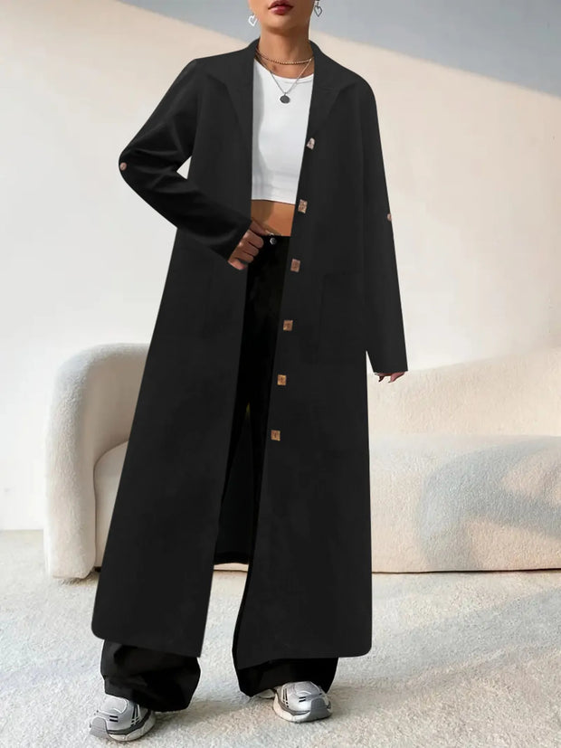 Lapel Collar Button-Front Longline Coat-Coats & Jackets-Trendsi-[option4]-[option5]-[option6]-[option7]-[option8]-Shop-Boutique-Clothing-for-Women-Online