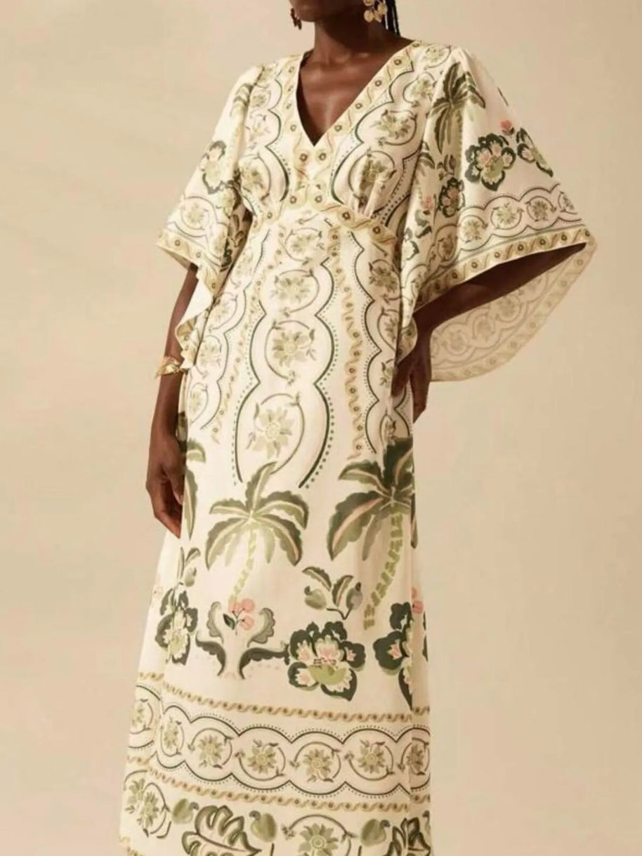 Palm Print V-Neck Midi Dress-Dresses-Trendsi-[option4]-[option5]-[option6]-[option7]-[option8]-Shop-Boutique-Clothing-for-Women-Online
