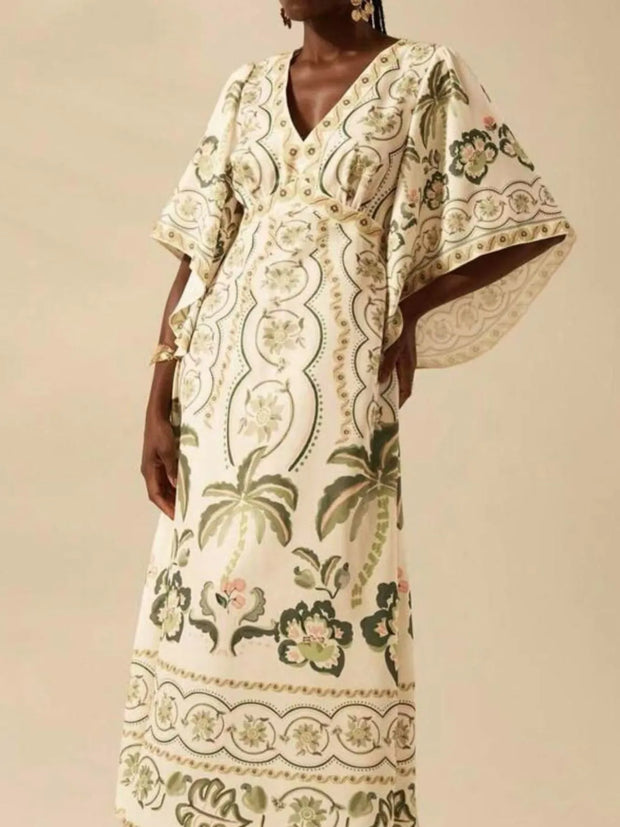 Palm Print V-Neck Midi Dress-Dresses-Trendsi-[option4]-[option5]-[option6]-[option7]-[option8]-Shop-Boutique-Clothing-for-Women-Online