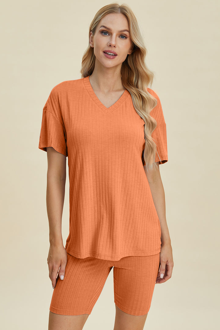 Basic Bae Ribbed V-Neck Short Sleeve Top and Shorts Set-Trendsi-[option4]-[option5]-[option6]-[option7]-[option8]-Shop-Boutique-Clothing-for-Women-Online