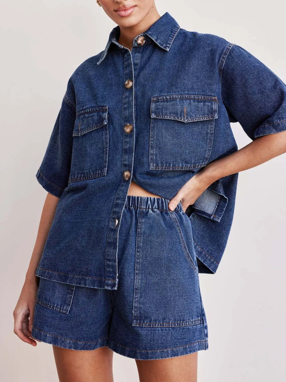 Button Up Short Sleeve Top and Shorts Denim Set-Sets-Trendsi-[option4]-[option5]-[option6]-[option7]-[option8]-Shop-Boutique-Clothing-for-Women-Online