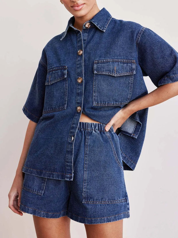 Button Up Short Sleeve Top and Shorts Denim Set-Sets-Trendsi-[option4]-[option5]-[option6]-[option7]-[option8]-Shop-Boutique-Clothing-for-Women-Online