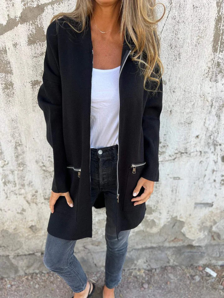 Zip Up Drop Shoulder Longline Hooded Jacket-Trendsi-Black-S-[option4]-[option5]-[option6]-[option7]-[option8]-Shop-Boutique-Clothing-for-Women-Online