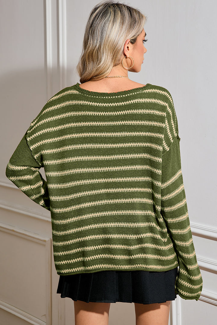 Casual Stripe Round Neck Drop Shoulder Sweater-Sweaters-Shewin-[option4]-[option5]-[option6]-[option7]-[option8]-Shop-Boutique-Clothing-for-Women-Online