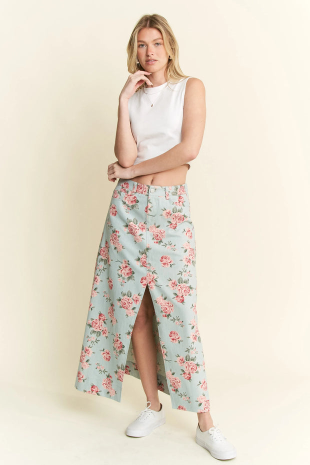Jade By Jane Full Size Floral Print Front Slit Denim Maxi Skirt Plus Size-Skirts-Trendsi-[option4]-[option5]-[option6]-[option7]-[option8]-Shop-Boutique-Clothing-for-Women-Online
