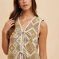 Annie Wear Ethnic Woven Jacquard Tie Front Vest-Tops-Trendsi-[option4]-[option5]-[option6]-[option7]-[option8]-Shop-Boutique-Clothing-for-Women-Online