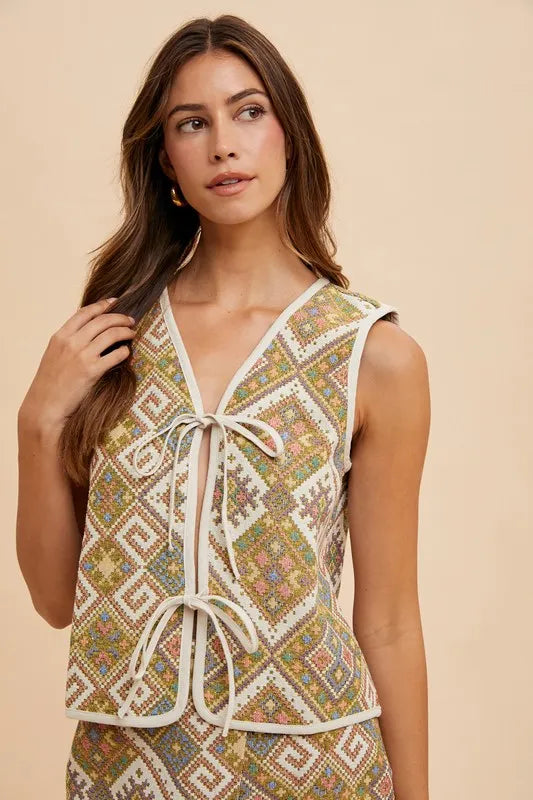 Annie Wear Ethnic Woven Jacquard Tie Front Vest-Tops-Trendsi-[option4]-[option5]-[option6]-[option7]-[option8]-Shop-Boutique-Clothing-for-Women-Online