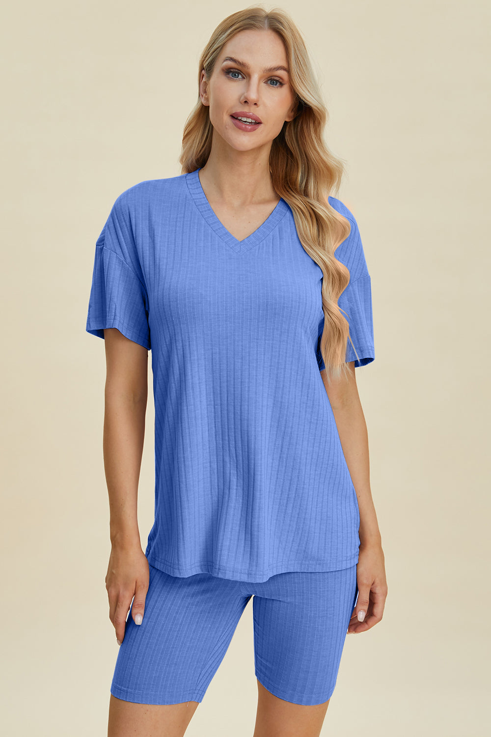 Basic Bae Ribbed V-Neck Short Sleeve Top and Shorts Set-Trendsi-Blue-S-[option4]-[option5]-[option6]-[option7]-[option8]-Shop-Boutique-Clothing-for-Women-Online