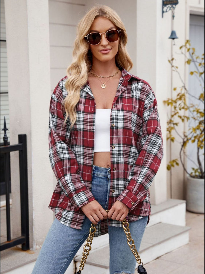 Mandy Pocketed Plaid Collared Neck Long Sleeve Shirt-Trendsi-[option4]-[option5]-[option6]-[option7]-[option8]-Shop-Boutique-Clothing-for-Women-Online