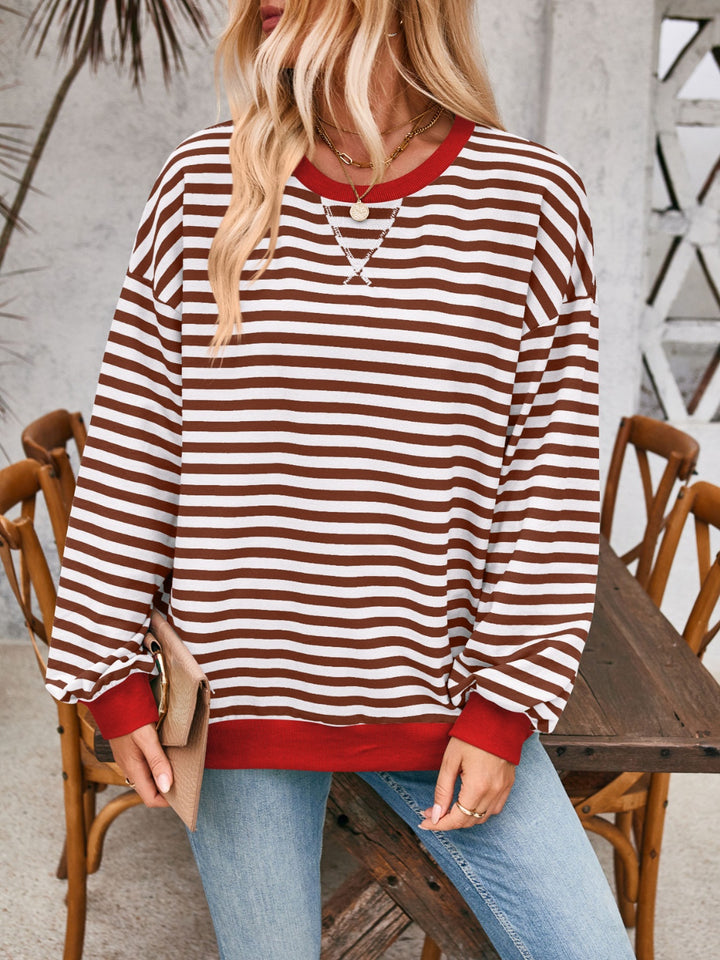 Lovelet Contrast Striped Long Sleeve Sweatshirt-Trendsi-Dark Brown-S-[option4]-[option5]-[option6]-[option7]-[option8]-Shop-Boutique-Clothing-for-Women-Online