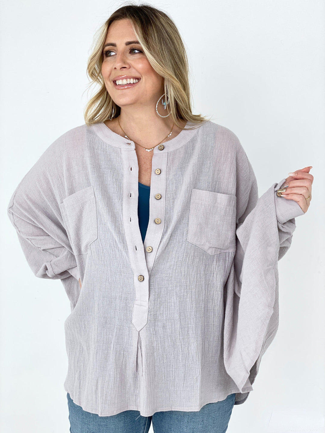 Easel Textured Cotton Linen Oversized Top-Blouses-Kiwidrop-Lt. Grey-S-[option4]-[option5]-[option6]-[option7]-[option8]-Shop-Boutique-Clothing-for-Women-Online