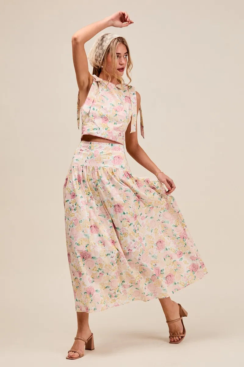 SO ME Floral Printed Woven Shoulder Bow Tie Top and Skirt Set-Dresses-Trendsi-[option4]-[option5]-[option6]-[option7]-[option8]-Shop-Boutique-Clothing-for-Women-Online