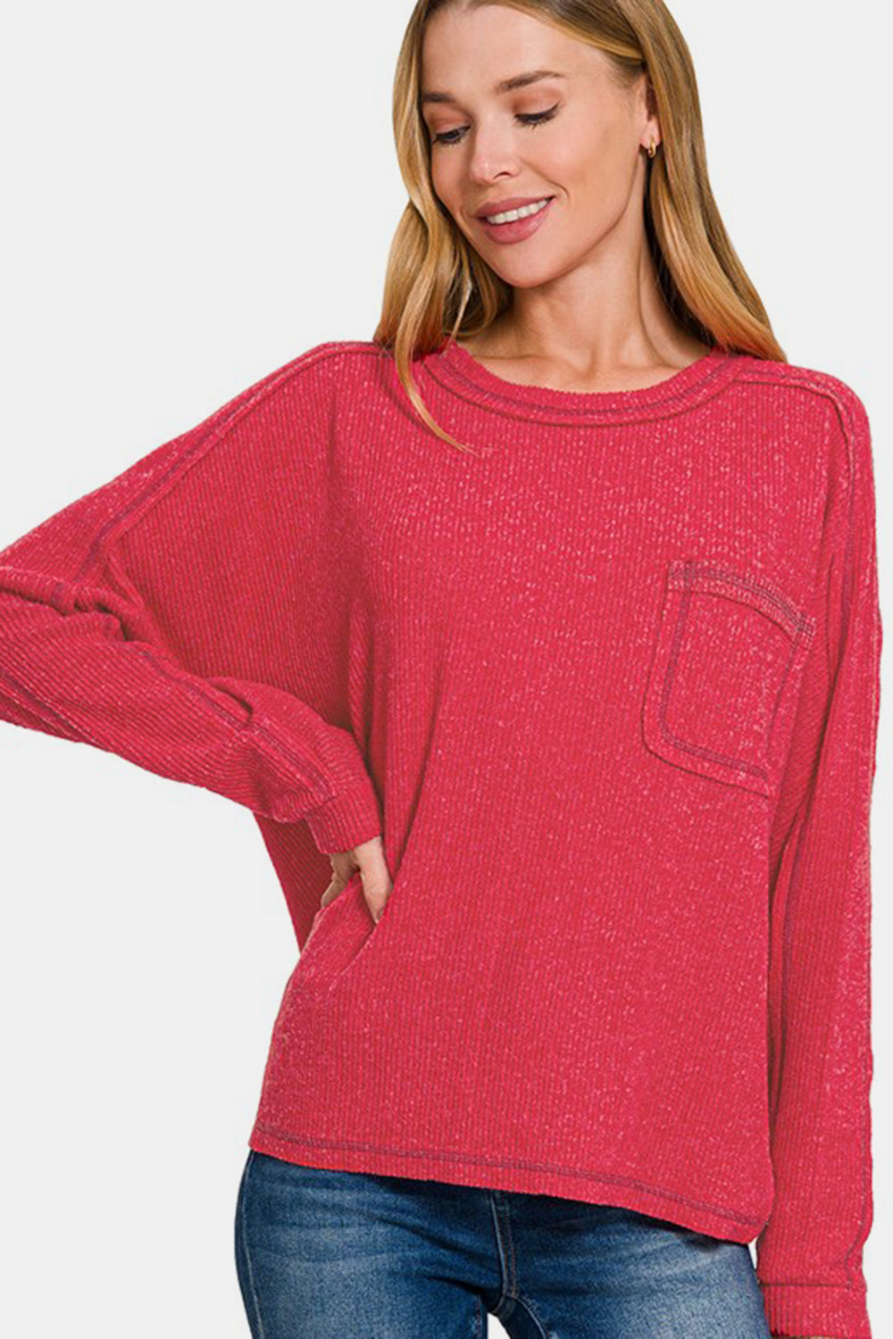 Zenana Contrast Stitching Brushed Ribbed Hacci Knit Top-Trendsi-Red-S/M-[option4]-[option5]-[option6]-[option7]-[option8]-Shop-Boutique-Clothing-for-Women-Online