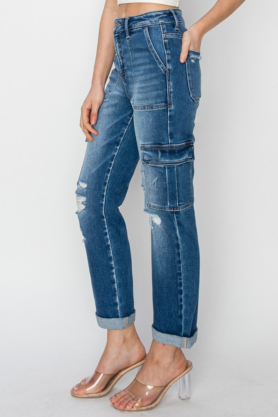 RISEN High Rise Cargo Ankle Roll Up Straight Jeans-Trendsi-[option4]-[option5]-[option6]-[option7]-[option8]-Shop-Boutique-Clothing-for-Women-Online