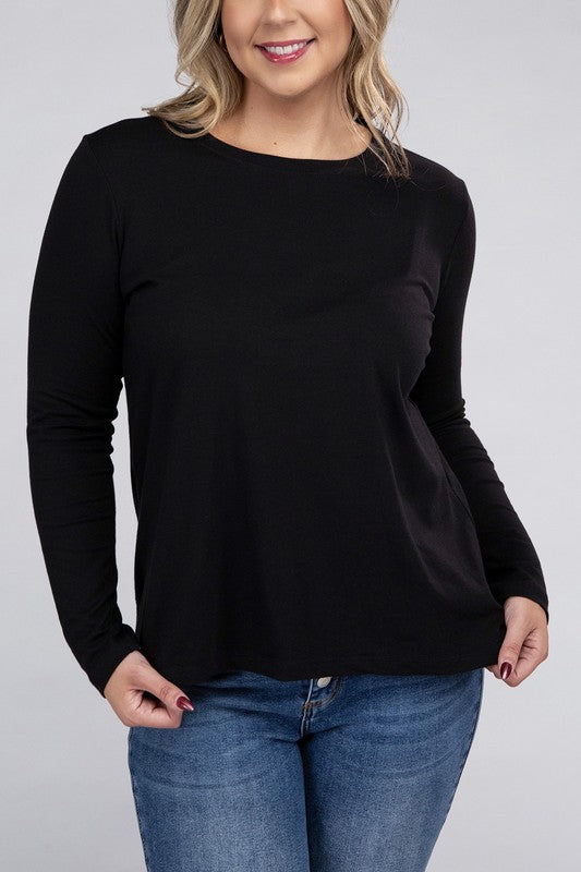 Zenana Plus Cotton Crew Neck Long Sleeve T-Shirt-ZENANA-BLACK-1X-[option4]-[option5]-[option6]-[option7]-[option8]-Shop-Boutique-Clothing-for-Women-Online