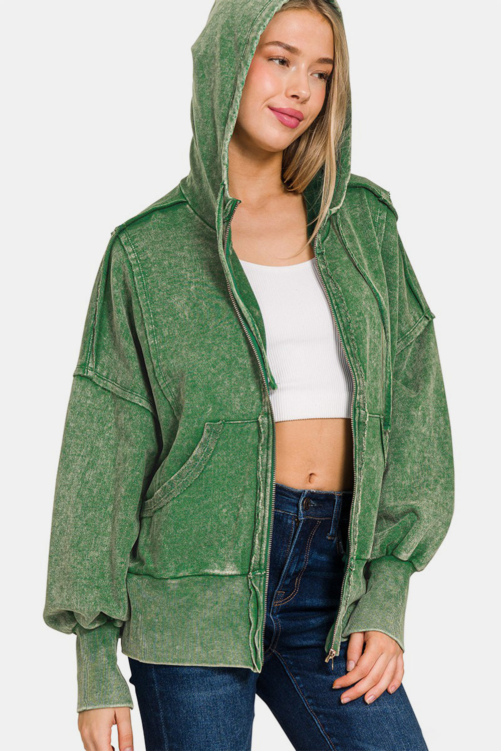 Zenana Acid Washed French Terry Zip-Up Hoodie with Pockets-Trendsi-Dk Green-S/M-[option4]-[option5]-[option6]-[option7]-[option8]-Shop-Boutique-Clothing-for-Women-Online