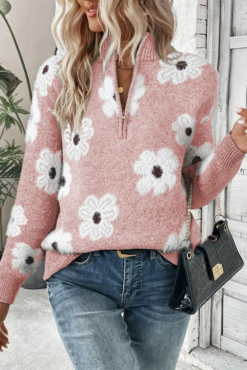 Flower Half Zip Long Sleeve Sweater-Trendsi-Blush Pink-S-[option4]-[option5]-[option6]-[option7]-[option8]-Shop-Boutique-Clothing-for-Women-Online