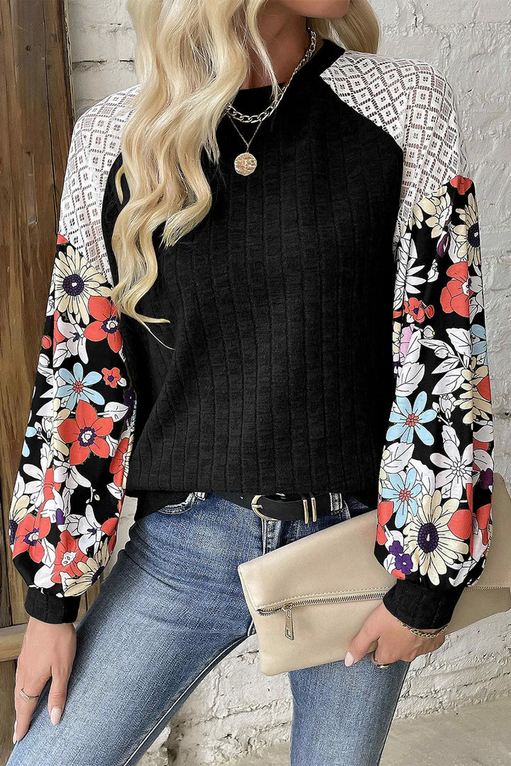 Printed Round Neck Floral Lace Sleeve Top-Trendsi-Black-S-[option4]-[option5]-[option6]-[option7]-[option8]-Shop-Boutique-Clothing-for-Women-Online