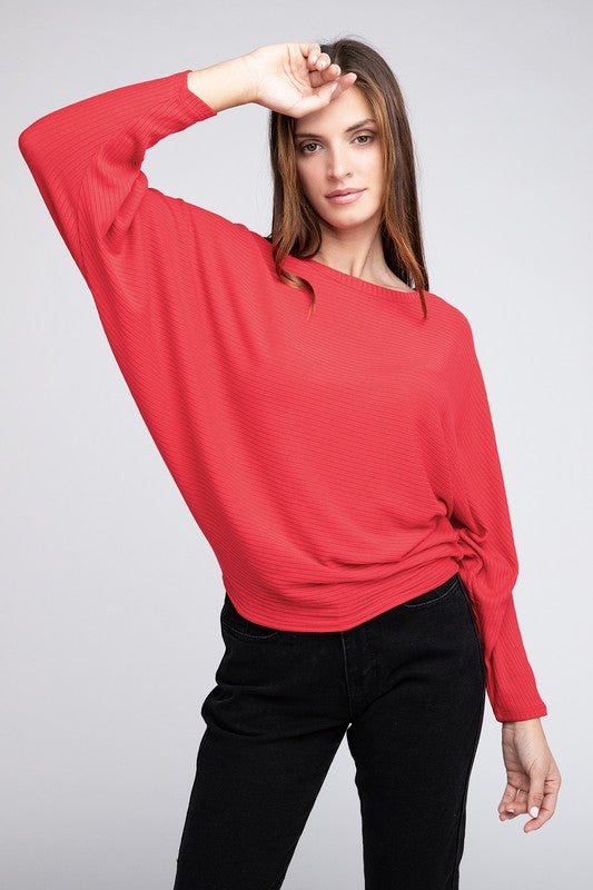 Zenana Ribbed Batwing Long Sleeve Boat Neck Sweater-ZENANA-[option4]-[option5]-[option6]-[option7]-[option8]-Shop-Boutique-Clothing-for-Women-Online