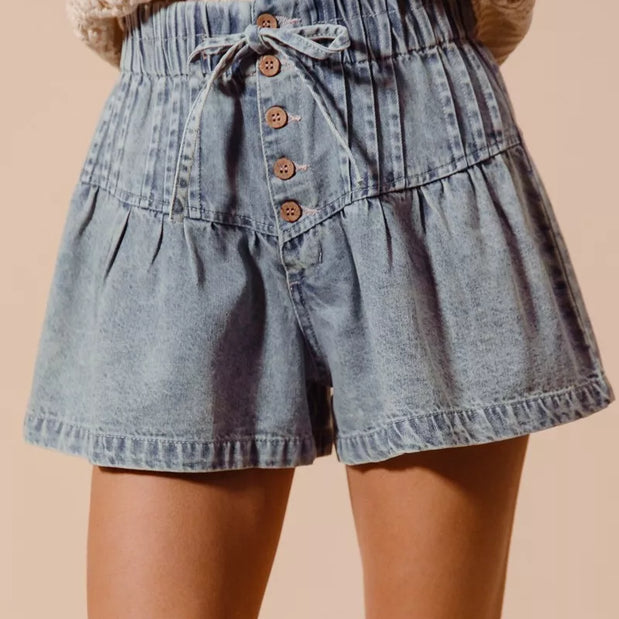 SO ME Flared Denim Shorts with Elasticized Waist-Shorts-Trendsi-[option4]-[option5]-[option6]-[option7]-[option8]-Shop-Boutique-Clothing-for-Women-Online