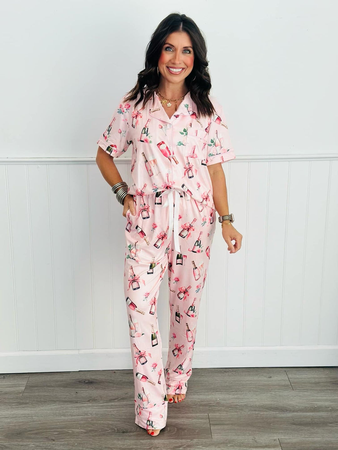 Shirley & Stone Button Down Pant Pajama Set - Pink Champagne-Holiday Item-Shirley & Stone-#2-Pink Champagne-3XL-[option4]-[option5]-[option6]-[option7]-[option8]-Shop-Boutique-Clothing-for-Women-Online