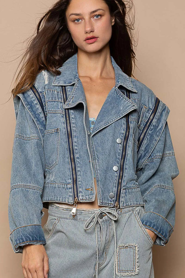 POL Cropped Denim Jacket with Functional Zipper Detail-jacket-Trendsi-[option4]-[option5]-[option6]-[option7]-[option8]-Shop-Boutique-Clothing-for-Women-Online