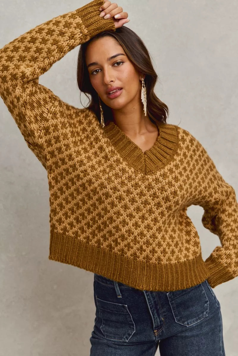 SO ME Color Block Textured Christmas Sweater V Neck Top-Sweaters-Trendsi-[option4]-[option5]-[option6]-[option7]-[option8]-Shop-Boutique-Clothing-for-Women-Online