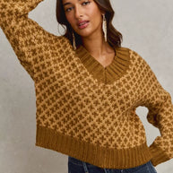 SO ME Color Block Textured Christmas Sweater V Neck Top-Sweaters-Trendsi-[option4]-[option5]-[option6]-[option7]-[option8]-Shop-Boutique-Clothing-for-Women-Online