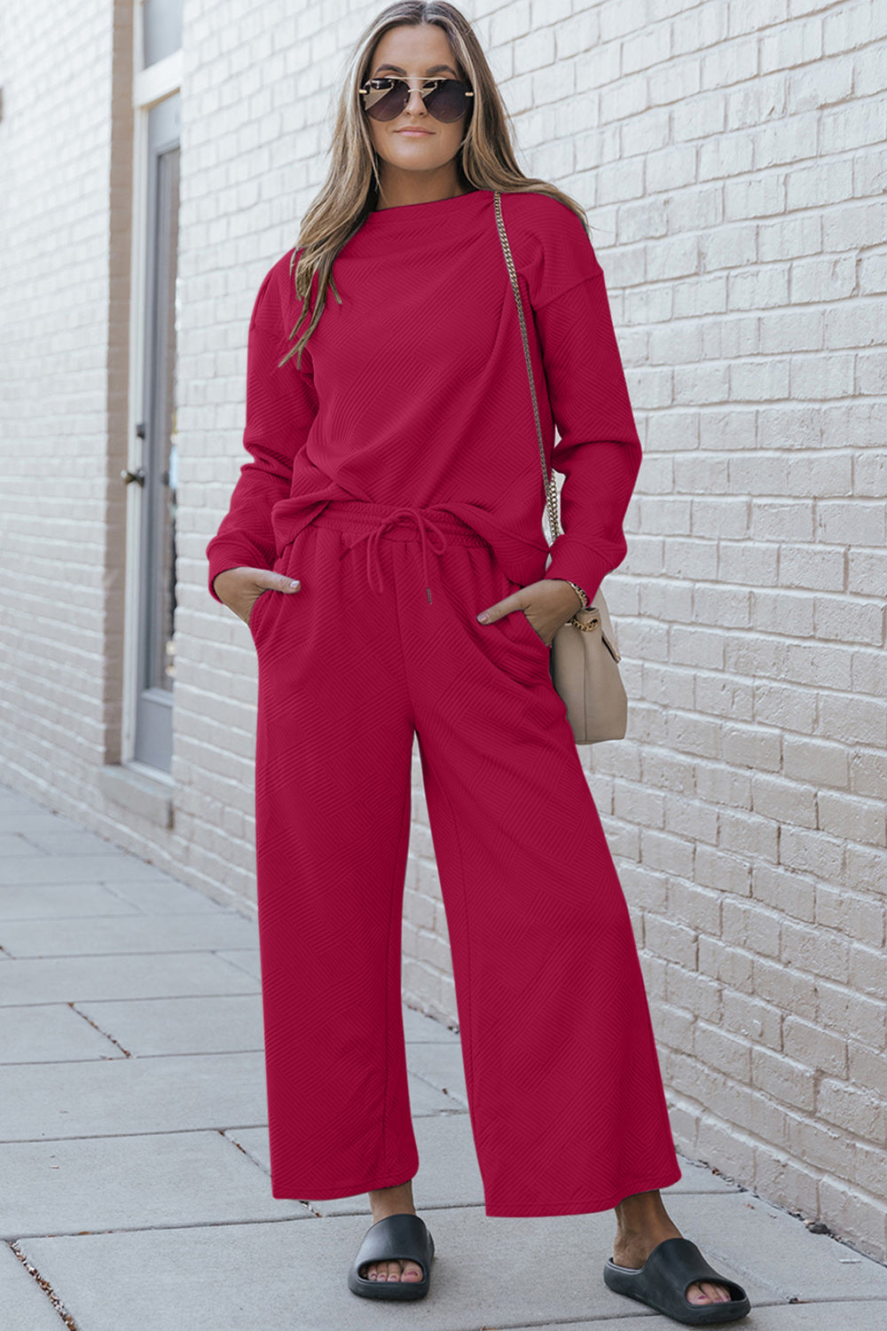 Double Take Textured Long Sleeve Top and Drawstring Pants Set-Trendsi-Cerise-S-[option4]-[option5]-[option6]-[option7]-[option8]-Shop-Boutique-Clothing-for-Women-Online