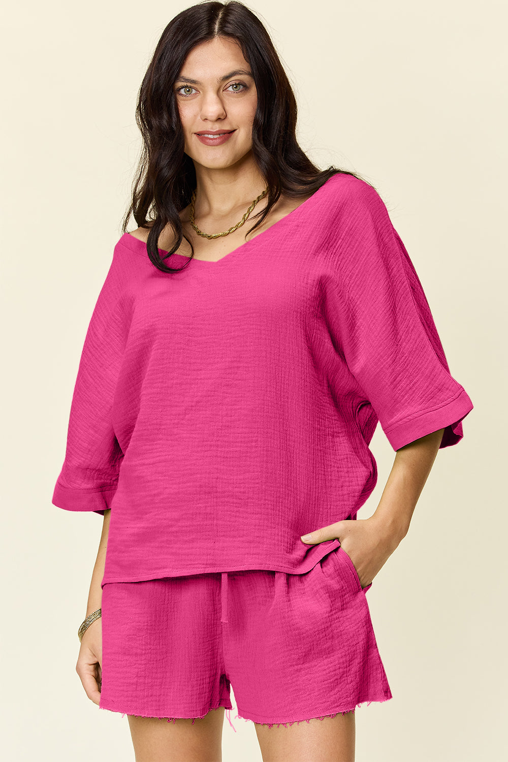 Double Take Texture Half Sleeve T-Shirt and Drawstring Shorts Set-Trendsi-Hot Pink-S-[option4]-[option5]-[option6]-[option7]-[option8]-Shop-Boutique-Clothing-for-Women-Online