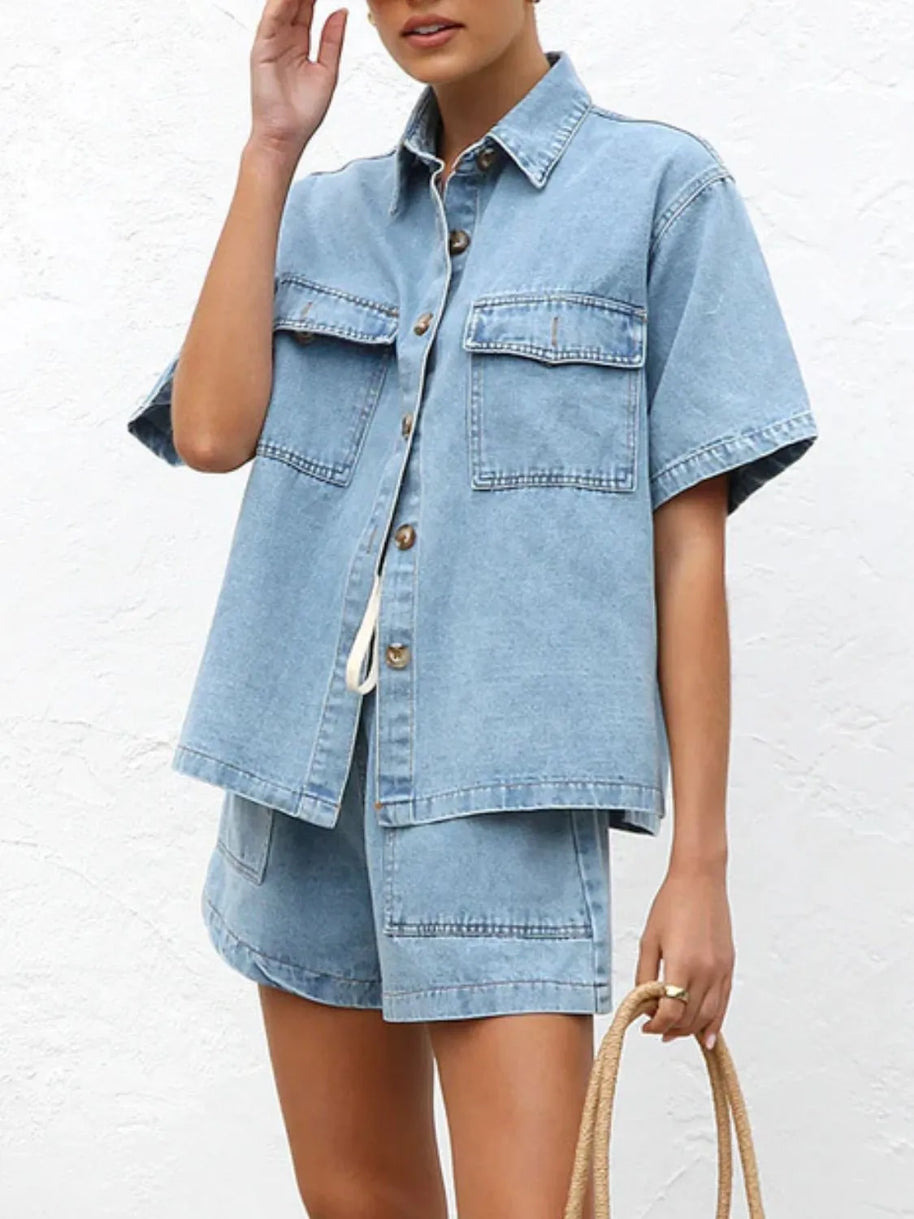 Button Up Short Sleeve Top and Shorts Denim Set-Sets-Trendsi-[option4]-[option5]-[option6]-[option7]-[option8]-Shop-Boutique-Clothing-for-Women-Online