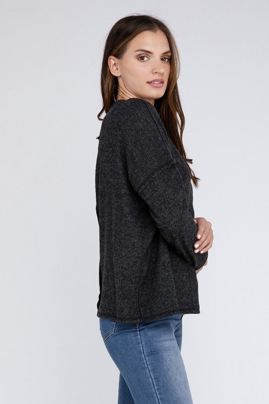 Zenana Ribbed Brushed Melange Hacci Sweater with a Pocket-ZENANA-[option4]-[option5]-[option6]-[option7]-[option8]-Shop-Boutique-Clothing-for-Women-Online