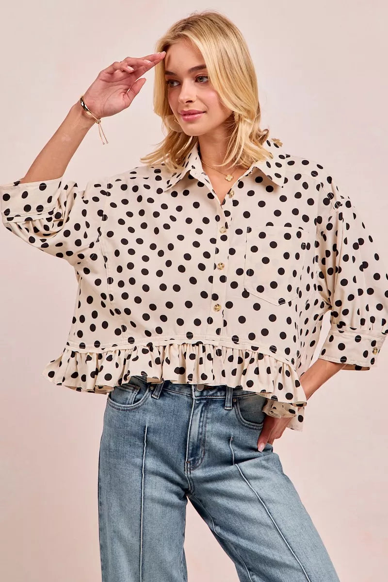 BiBi Polka Dot Printed Peplum Top with Front Button-Blouses-Trendsi-[option4]-[option5]-[option6]-[option7]-[option8]-Shop-Boutique-Clothing-for-Women-Online