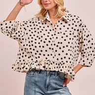BiBi Polka Dot Printed Peplum Top with Front Button-Blouses-Trendsi-[option4]-[option5]-[option6]-[option7]-[option8]-Shop-Boutique-Clothing-for-Women-Online
