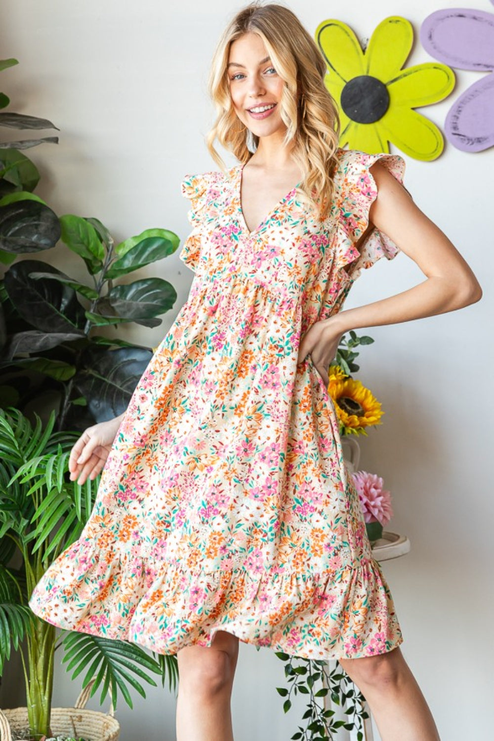 Heimish Floral Ruffled V-Neck Dress-Trendsi-Sand-S-[option4]-[option5]-[option6]-[option7]-[option8]-Shop-Boutique-Clothing-for-Women-Online