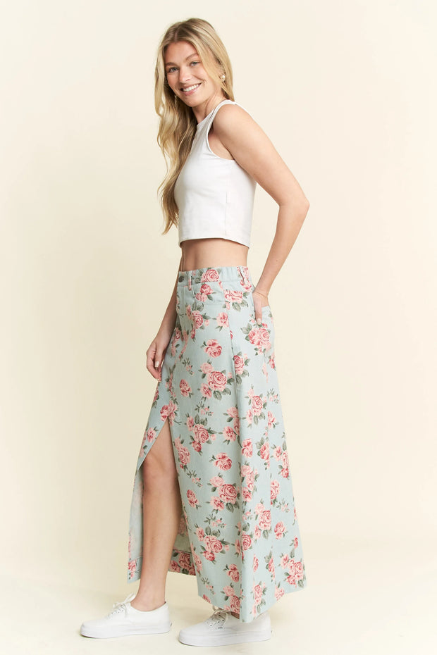 Jade By Jane Full Size Floral Print Front Slit Denim Maxi Skirt Plus Size-Skirts-Trendsi-[option4]-[option5]-[option6]-[option7]-[option8]-Shop-Boutique-Clothing-for-Women-Online