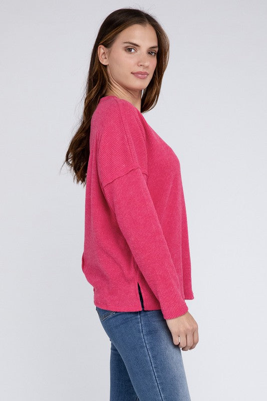 Zenana Ribbed Brushed Melange Hacci Sweater with a Pocket-ZENANA-[option4]-[option5]-[option6]-[option7]-[option8]-Shop-Boutique-Clothing-for-Women-Online