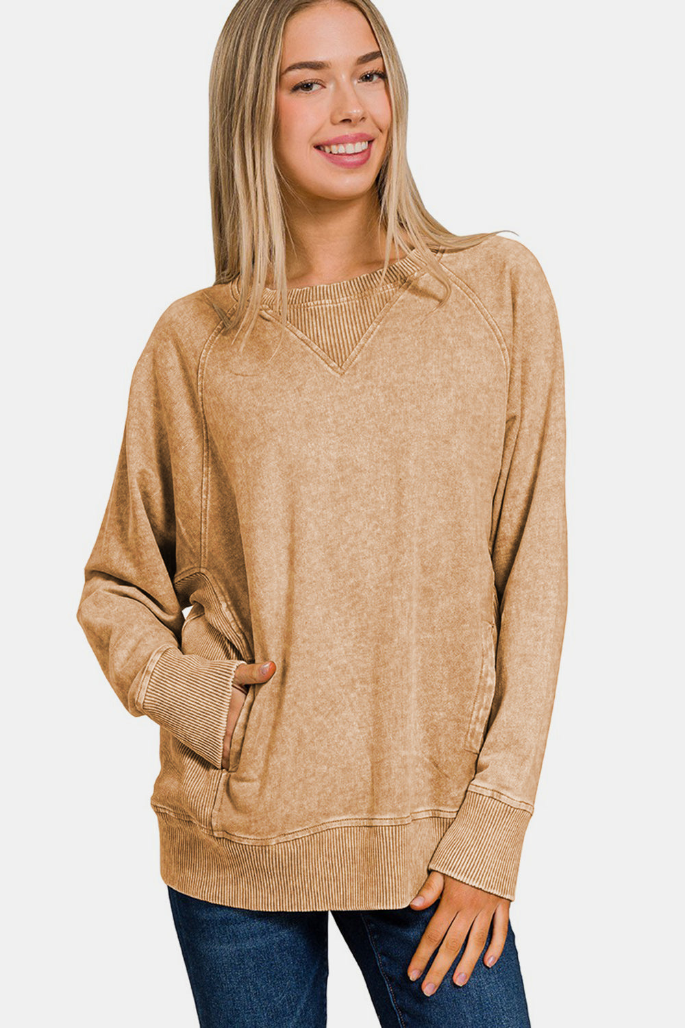 Zenana Pocketed Round Neck Sweatshirt-Trendsi-Camel-S-[option4]-[option5]-[option6]-[option7]-[option8]-Shop-Boutique-Clothing-for-Women-Online