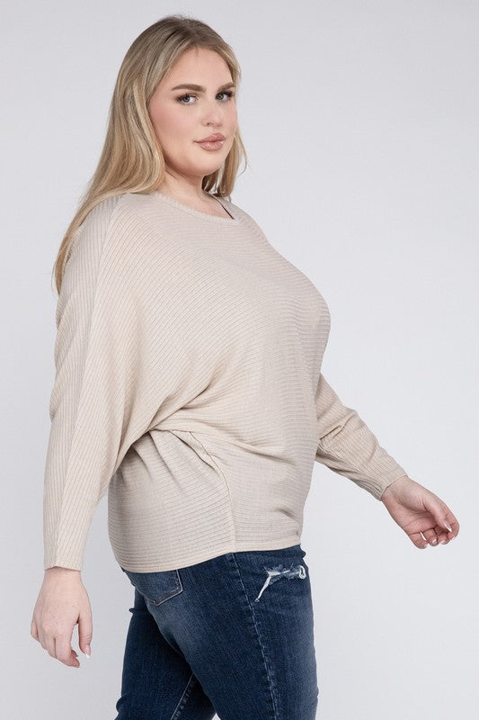 Zenana Plus Ribbed Batwing Long Sleeve Boat Neck Sweater-ZENANA-[option4]-[option5]-[option6]-[option7]-[option8]-Shop-Boutique-Clothing-for-Women-Online