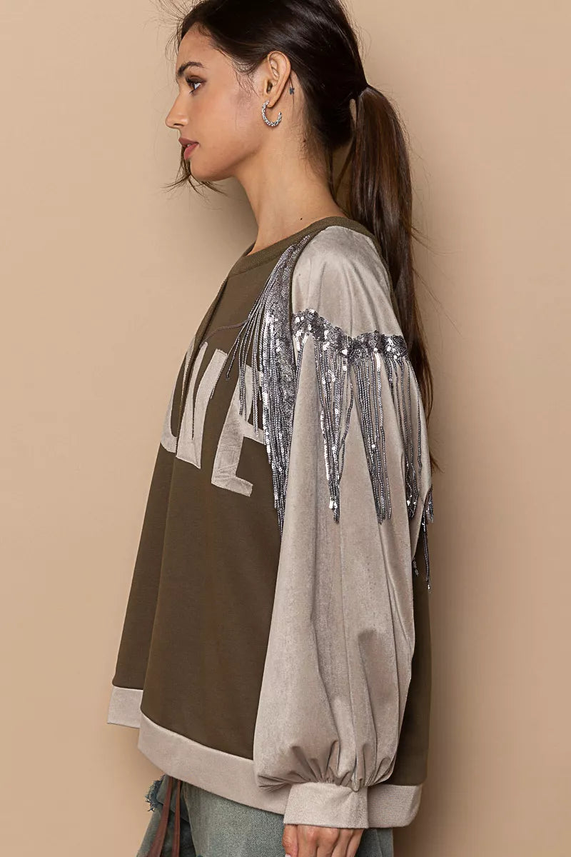 POL Balloon Sleeve French Terry Sweatshirt with Sequin Tassel-Sweatshirts-Trendsi-[option4]-[option5]-[option6]-[option7]-[option8]-Shop-Boutique-Clothing-for-Women-Online